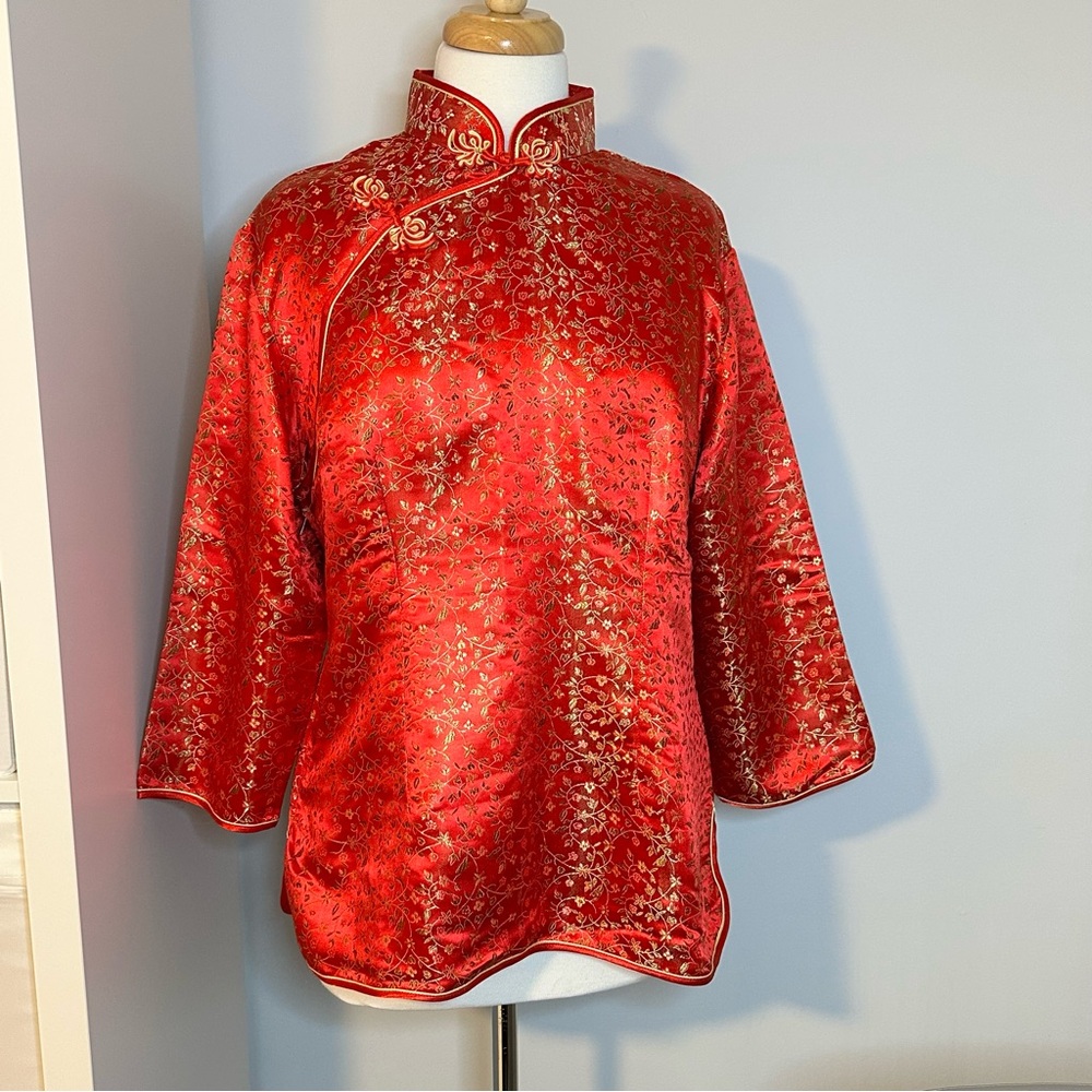 Vintage Asian Red Brocade Jacket with Gold Accents